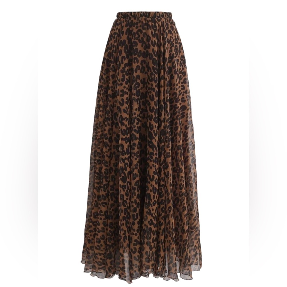Chicwish Leopard Brown Black Watercolor Chiffon Maxi Skirt in Brown M/L